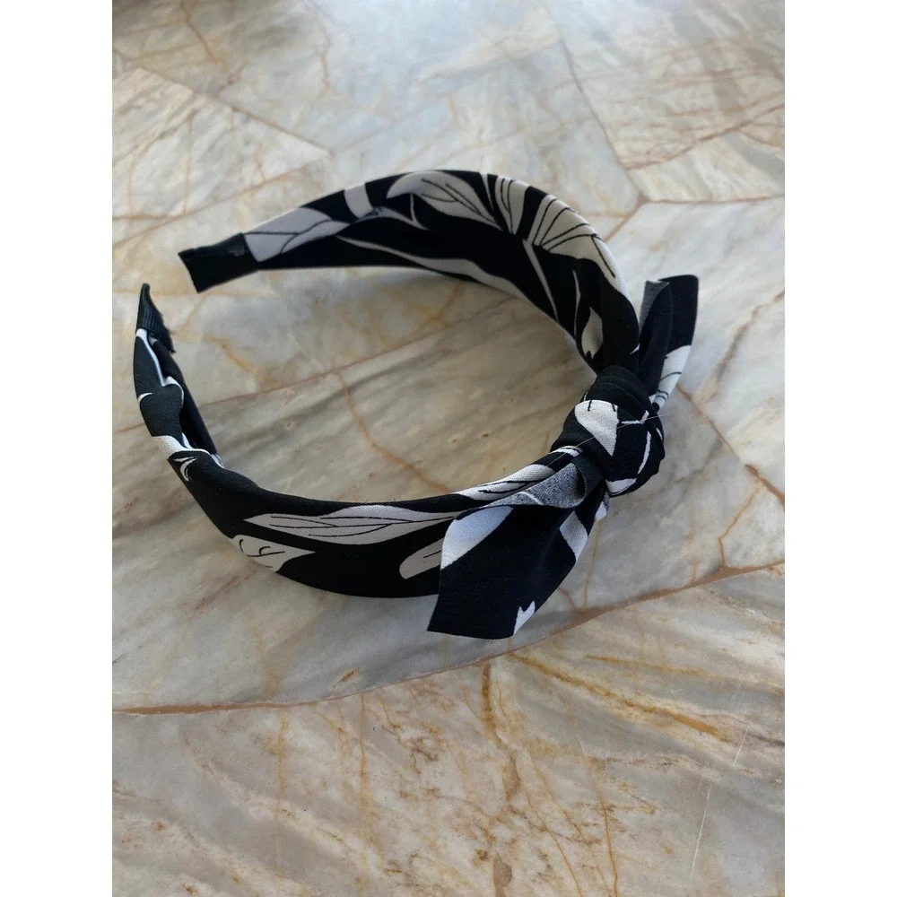 Black White Floral Top Knot Headband Fabric Wrapped Botanical Print Hair Band